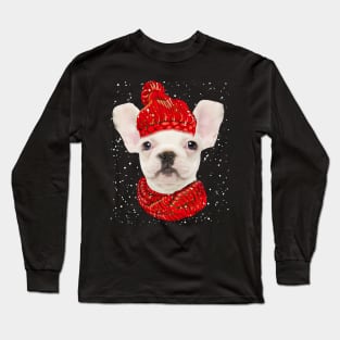 White French Bulldog Wearing Red Hat And Scarf Christmas Long Sleeve T-Shirt